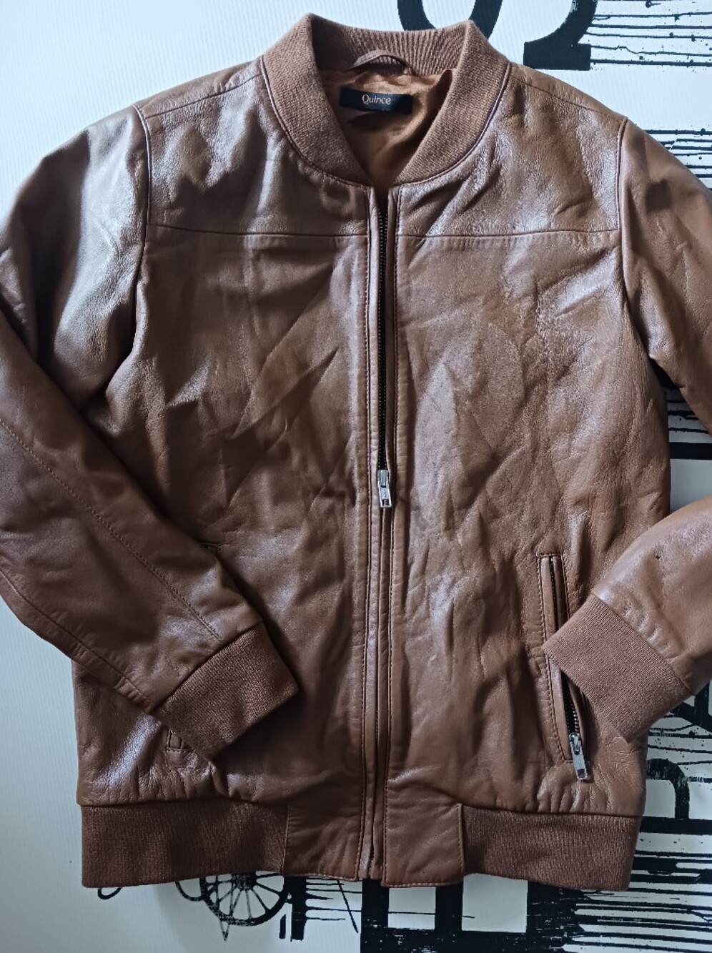 Quince Sheep Genuine Leather Cognac Bomber Jacket Size 12